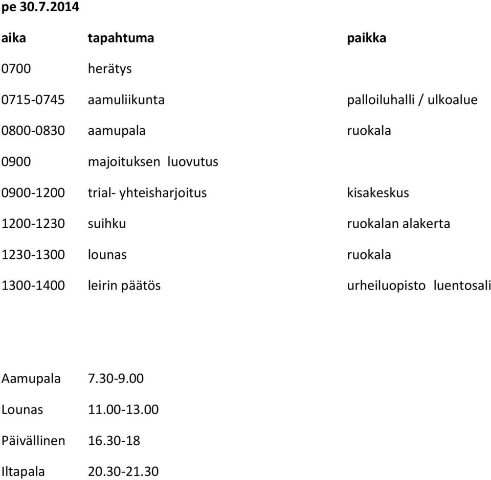 majoituksen luovutus 0900-1200 trial- yhteisharjoitus kisakeskus 1200-1230 suihku