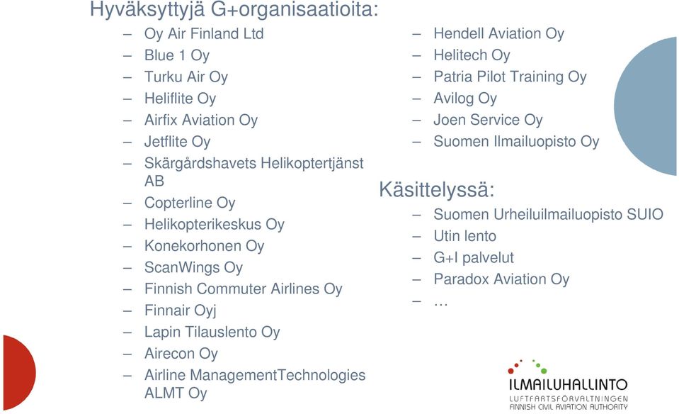 Finnair Oyj Lapin Tilauslento Oy Airecon Oy Airline ManagementTechnologies ALMT Oy Hendell Aviation Oy Helitech Oy Patria Pilot