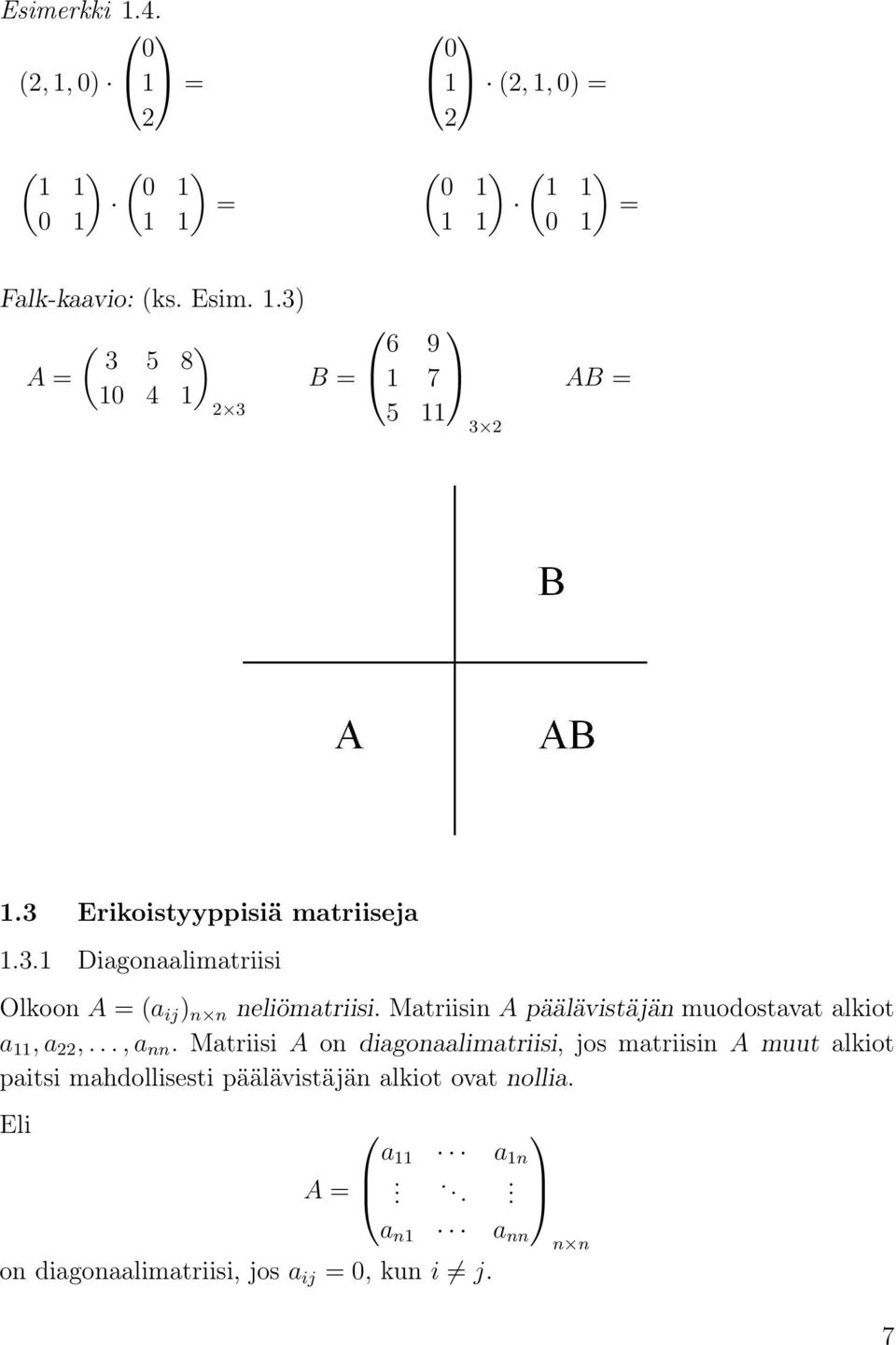 ) n n neliömtriisi Mtriisin A päälävistäjän muodostvt lkiot 11, 22,, nn Mtriisi A on digonlimtriisi, jos mtriisin A