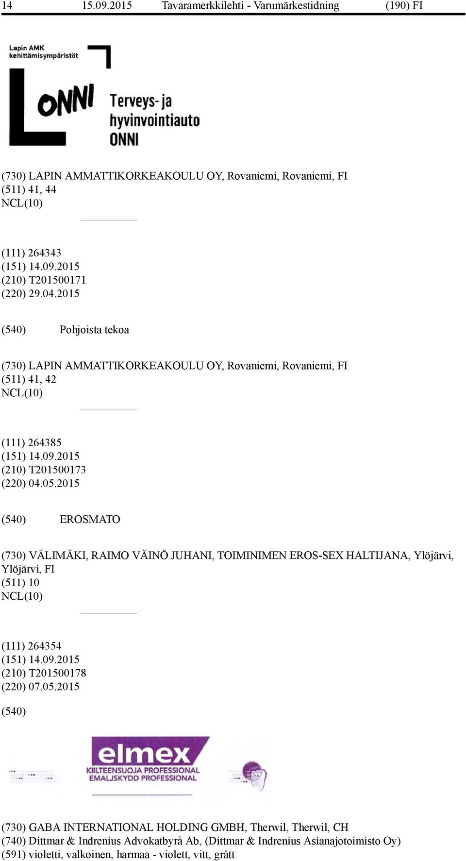 2015 EROSMATO (730) VÄLIMÄKI, RAIMO VÄINÖ JUHANI, TOIMINIMEN EROS-SEX HALTIJANA, Ylöjärvi, Ylöjärvi, FI (511) 10 (111) 264354 (210) T201500178 (220) 07.