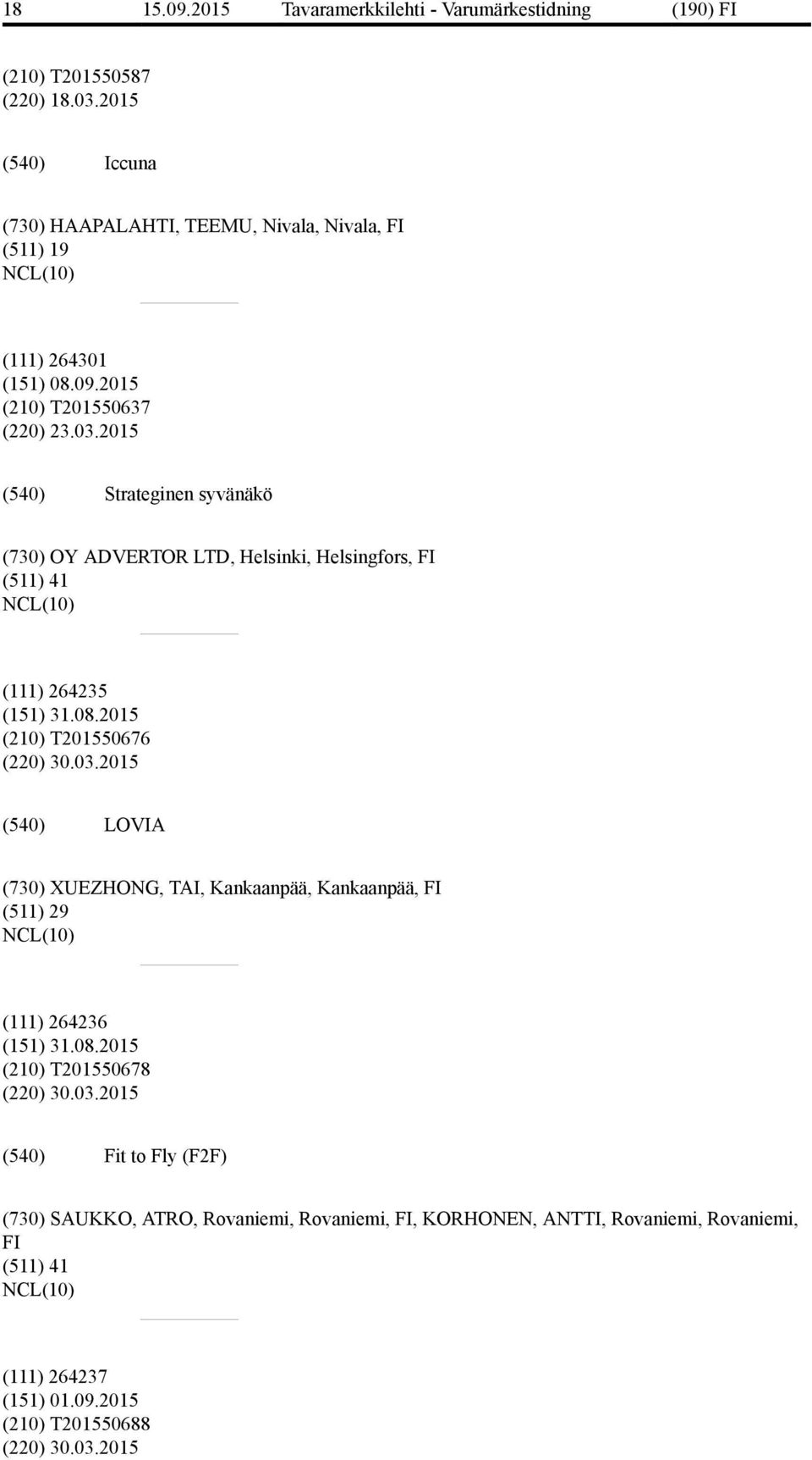 2015 (210) T201550676 (220) 30.03.2015 LOVIA (730) XUEZHONG, TAI, Kankaanpää, Kankaanpää, FI (511) 29 (111) 264236 (151) 31.08.