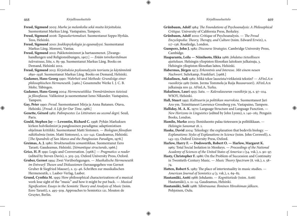 Freud, Sigmund 2012: Pakkotoiminnot ja hartausmenot. [Zwangshandlungen und Religionsübungen, 1907.] Erään toivekuvitelman tulevaisuus, liite, s. 85 99. Suomentanut Markus Lång.
