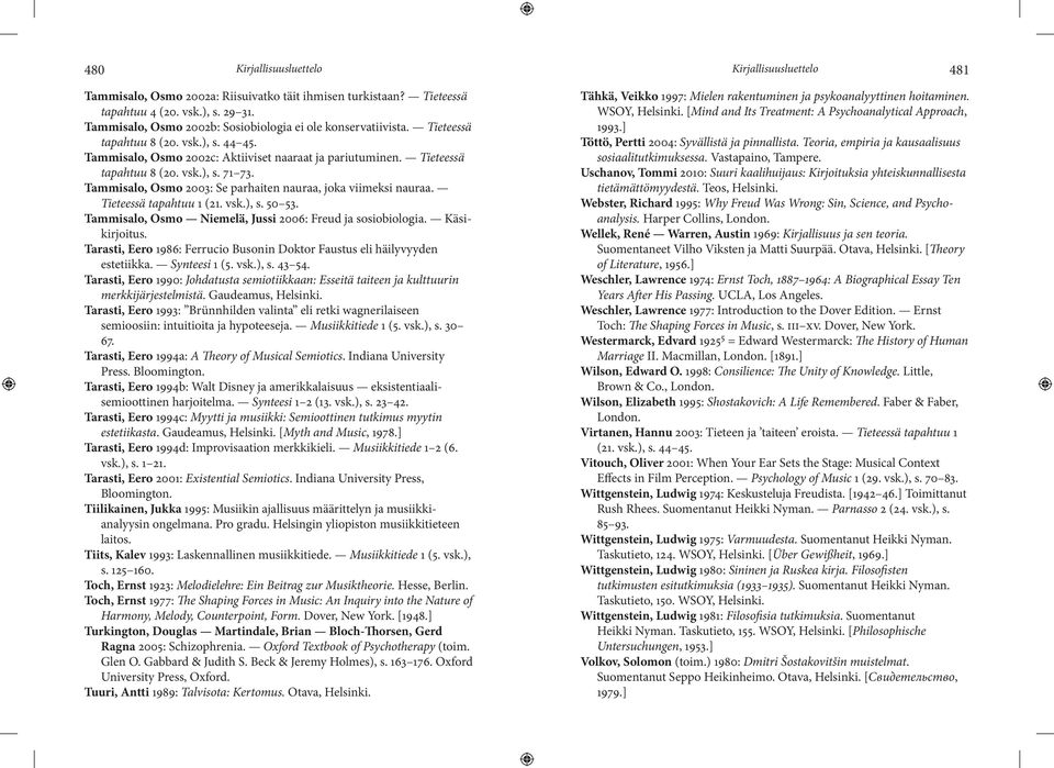 Tammisalo, Osmo 2003: Se parhaiten nauraa, joka viimeksi nauraa. Tieteessä tapahtuu 1 (21. vsk.), s. 50 53. Tammisalo, Osmo Niemelä, Jussi 2006: Freud ja sosiobiologia. Käsikirjoitus.