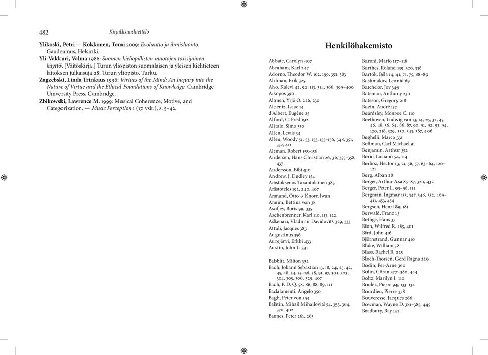 Zagzebski, Linda Trinkaus 1996: Virtues of the Mind: An Inquiry into the Nature of Virtue and the Ethical Foundations of Knowledge. Cambridge University Press, Cambridge. Zbikowski, Lawrence M.