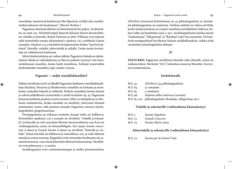 Merkittävimpiä lienevät lukuisat hienot duosävellykset viululle ja kitaralle (Itzhak Perlman ja John Williams ovat tehneet niitä tunnetuiksi omana aikanamme); opukset 2 ja 3 sisältävät à kuusi