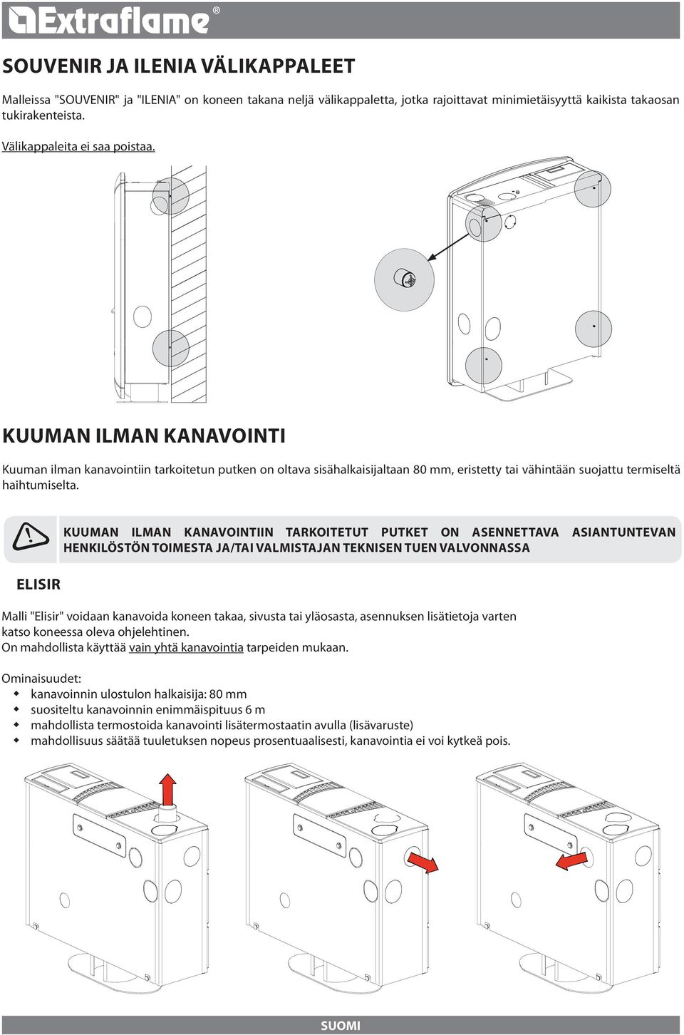 Elisir Kuuman ilman kanavointiin tarkoitetut putket on asennettava asiantuntevan henkilöstön toimesta ja/tai valmistajan teknisen tuen valvonnassa Malli "Elisir" voidaan kanavoida koneen takaa,