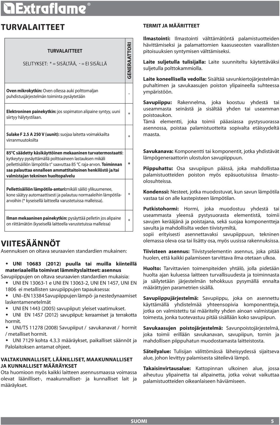 5 A 50 V (uunit): suojaa laitetta voimakkailta virranmuutoksilta GENERAATTORI - * * TERMIT JA MÄÄRITTEET Ilmastointi: Ilmastointi välttämätöntä palamistuotteiden hävittämiseksi ja palamattomien