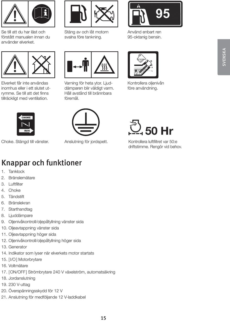 Håll avstånd till brännbara föremål. Kontrollera oljenivån före användning. Choke. Stängd till vänster. Anslutning för jordspett. Kontrollera luftfiltret var 50:e driftstimme. Rengör vid behov.