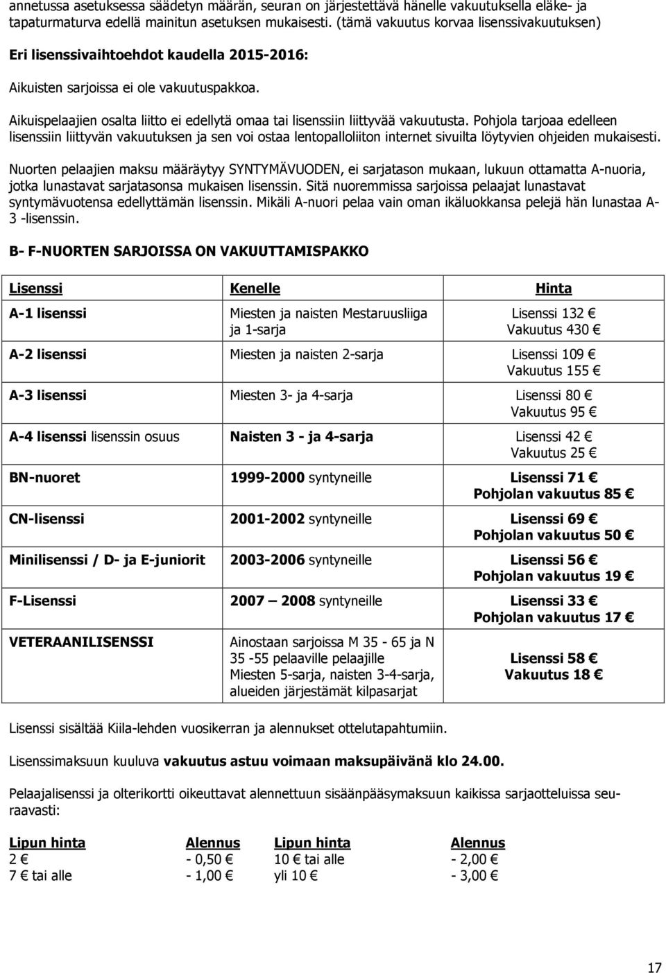 Aikuispelaajien osalta liitto ei edellytä omaa tai lisenssiin liittyvää vakuutusta.