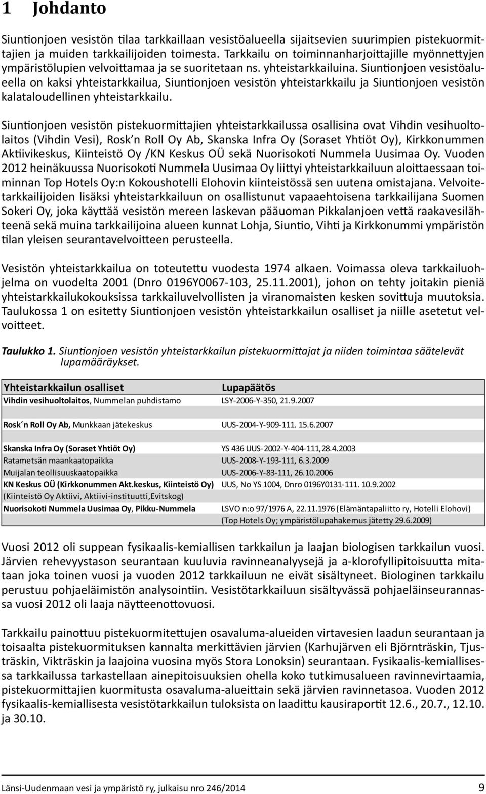 Siuntionjoen vesistöalueella on kaksi yhteistarkkailua, Siuntionjoen vesistön yhteistarkkailu ja Siuntionjoen vesistön kalataloudellinen yhteistarkkailu.