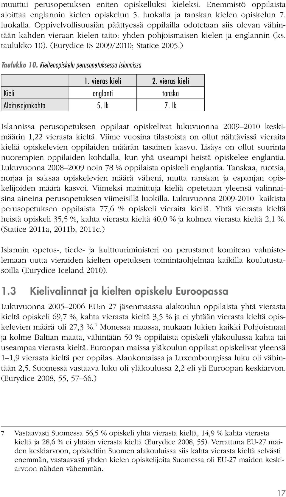 taulukko 10). (Eurydice IS 2009/2010; Statice 2005.) Taulukko 10. Kieltenopiskelu perusopetuksessa Islannissa 1. vieras kieli 2. vieras kieli Kieli englanti tanska Aloitusajankohta 5. lk 7.