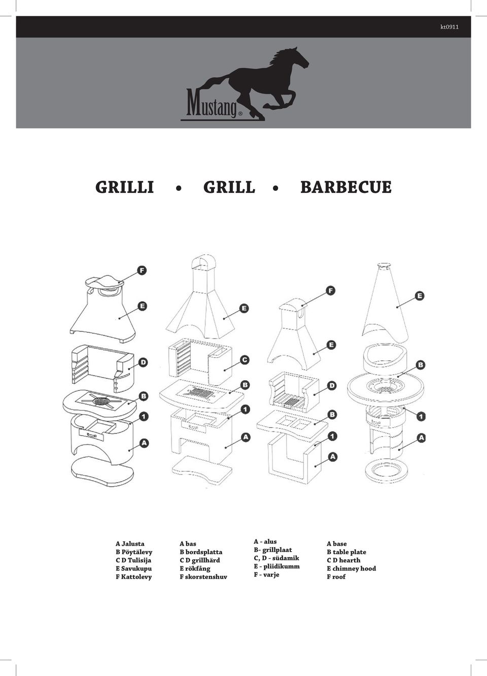 F skorstenshuv A - alus B- grillplaat C, D - südamik E -