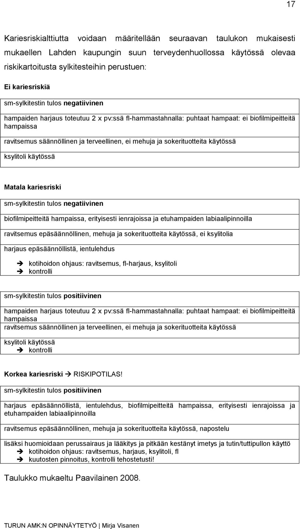 mehuja ja sokerituotteita käytössä ksylitoli käytössä Matala kariesriski sm-sylkitestin tulos negatiivinen biofilmipeitteitä hampaissa, erityisesti ienrajoissa ja etuhampaiden labiaalipinnoilla