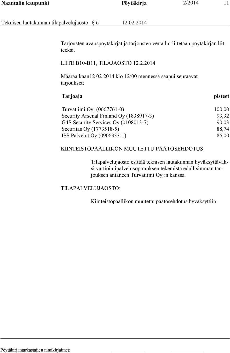 2014 klo 12:00 mennessä saapui seuraavat tarjoukset: Tarjoaja pisteet Turvatiimi Oyj (0667761-0) 100,00 Security Arsenal Finland Oy (1838917-3) 93,32 G4S Security Services Oy (0108013-7) 90,03