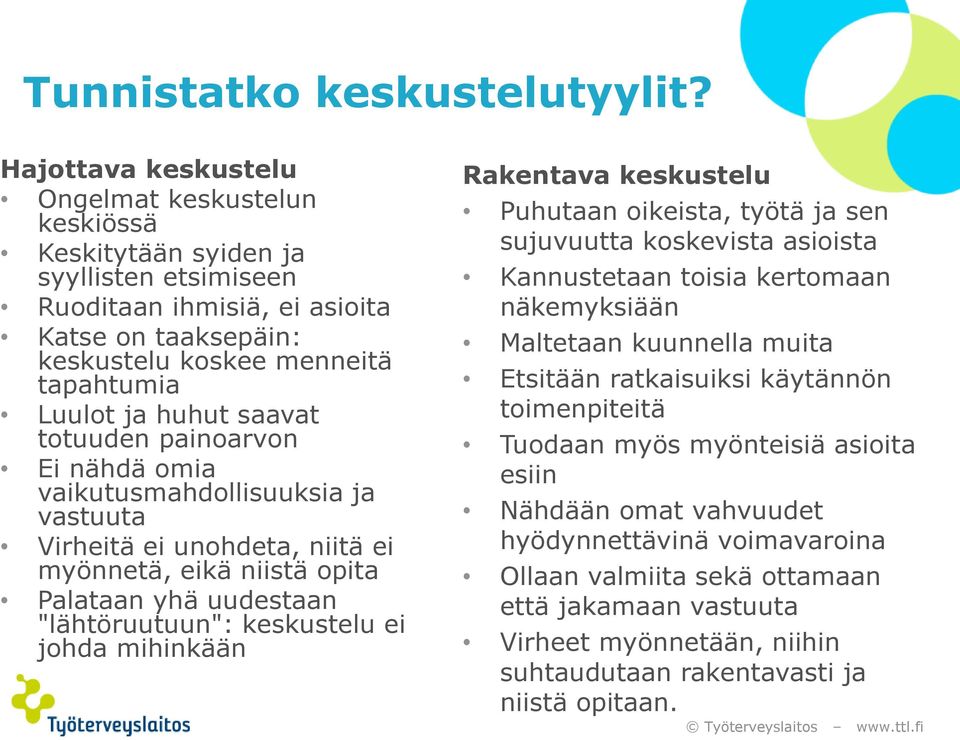 huhut saavat totuuden painoarvon Ei nähdä omia vaikutusmahdollisuuksia ja vastuuta Virheitä ei unohdeta, niitä ei myönnetä, eikä niistä opita Palataan yhä uudestaan "lähtöruutuun": keskustelu ei