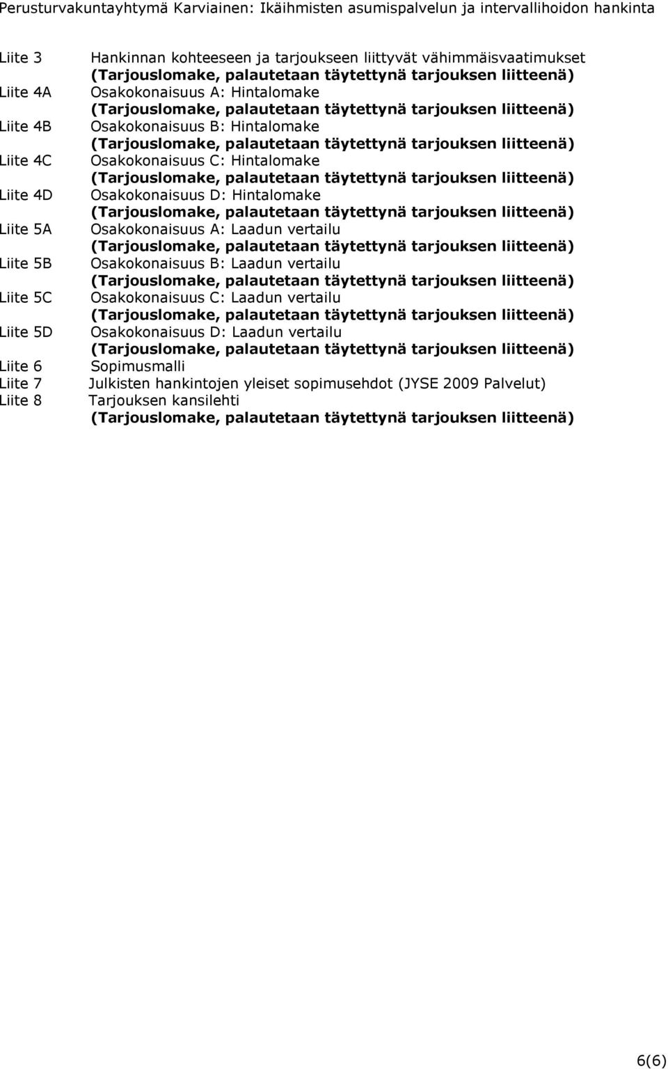 Osakokonaisuus D: Hintalomake Osakokonaisuus A: Laadun vertailu Osakokonaisuus B: Laadun vertailu Osakokonaisuus C: Laadun vertailu