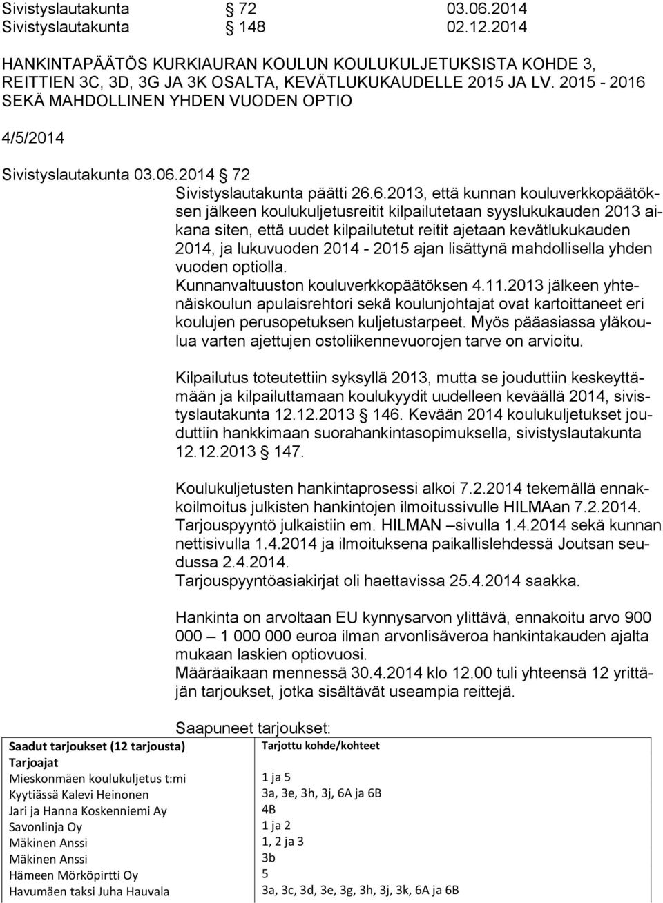 SEKÄ MAHDOLLINEN YHDEN VUODEN OPTIO 4/5/2014 Sivistyslautakunta 03.06.