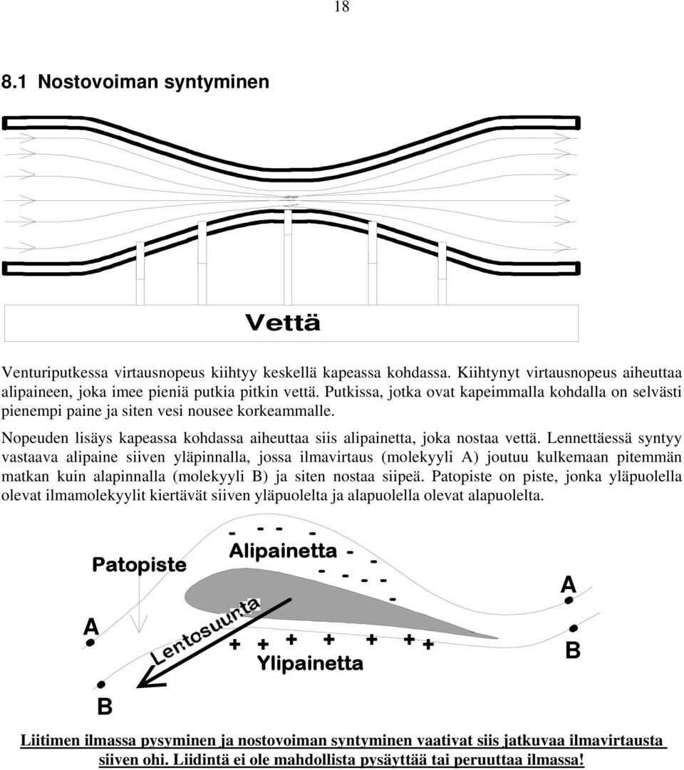 Lennettäessä syntyy vastaava alipaine siiven yläpinnalla, jossa ilmavirtaus (molekyyli A) joutuu kulkemaan pitemmän matkan kuin alapinnalla (molekyyli B) ja siten nostaa siipeä.