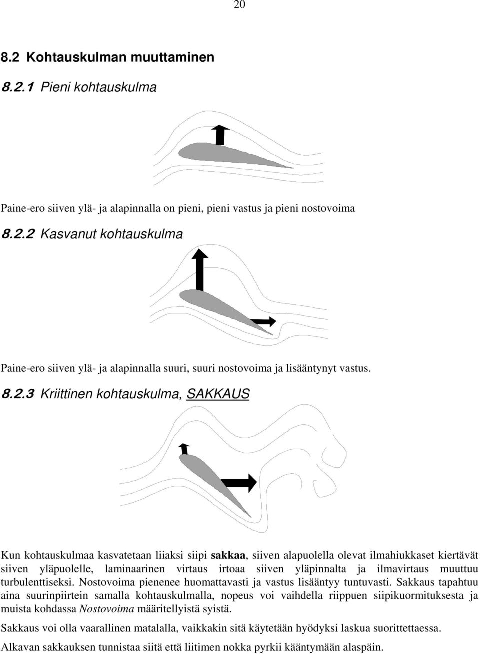 yläpinnalta ja ilmavirtaus muuttuu turbulenttiseksi. Nostovoima pienenee huomattavasti ja vastus lisääntyy tuntuvasti.