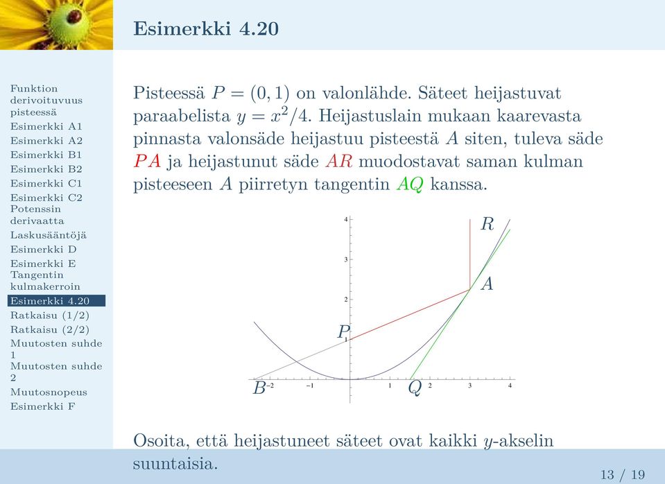 Heijastuslain mukaan kaarevasta pinnasta valonsäde heijastuu pisteestä A siten, tuleva säde P A ja heijastunut säde AR