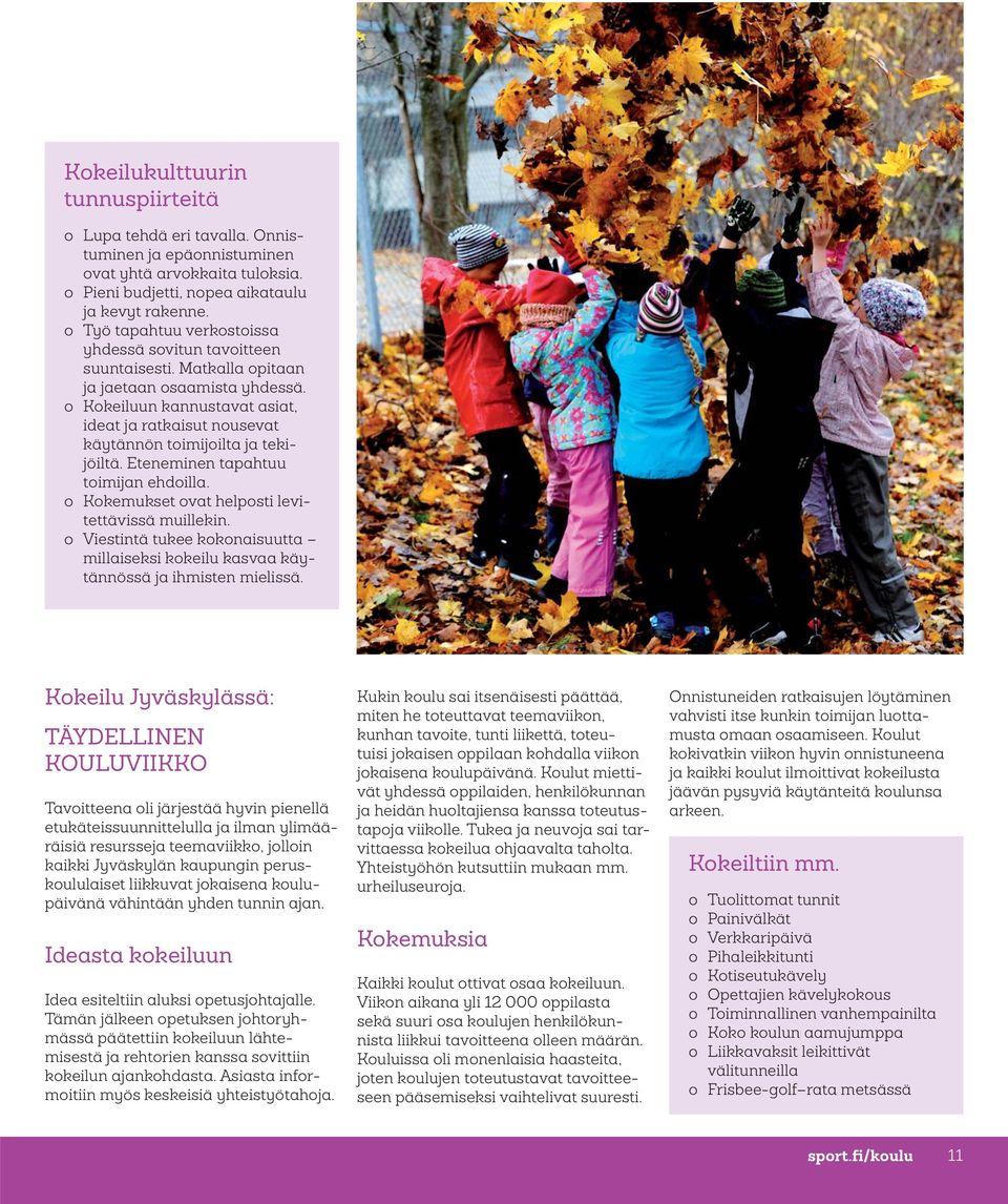 o Kokeiluun kannustavat asiat, ideat ja ratkaisut nousevat käytännön toimijoilta ja tekijöiltä. Eteneminen tapahtuu toimijan ehdoilla. o Kokemukset ovat helposti levitettävissä muillekin.