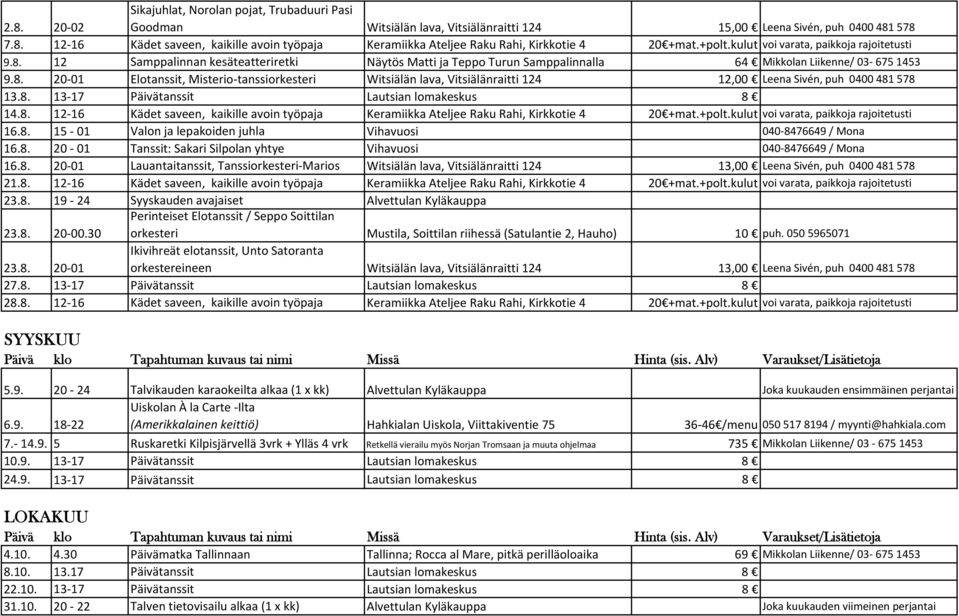 8. 13 17 Päivätanssit Lautsian lomakeskus 8 14.8. 12 16 Kädet saveen, kaikille avoin työpaja Keramiikka Ateljee Raku Rahi, Kirkkotie 4 20 +mat.+polt.kulut voi varata, paikkoja rajoitetusti 16.8. 15 01 Valon ja lepakoiden juhla Vihavuosi 040 8476649 / Mona 16.