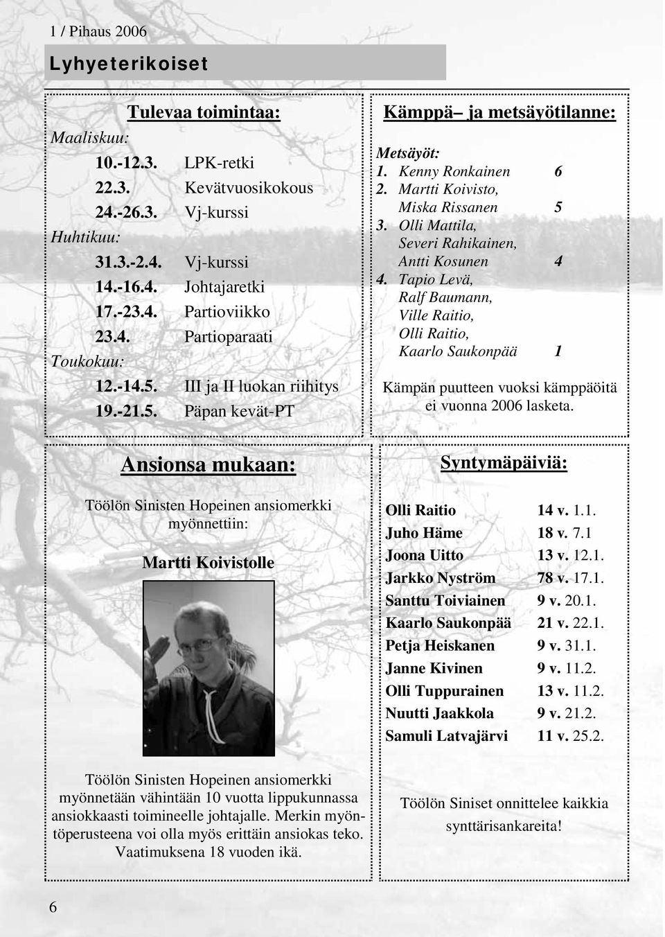 Olli Mattila, Severi Rahikainen, Antti Kosunen 4 4. Tapio Levä, Ralf Baumann, Ville Raitio, Olli Raitio, Kaarlo Saukonpää 1 Kämpän puutteen vuoksi kämppäöitä ei vuonna 2006 lasketa.