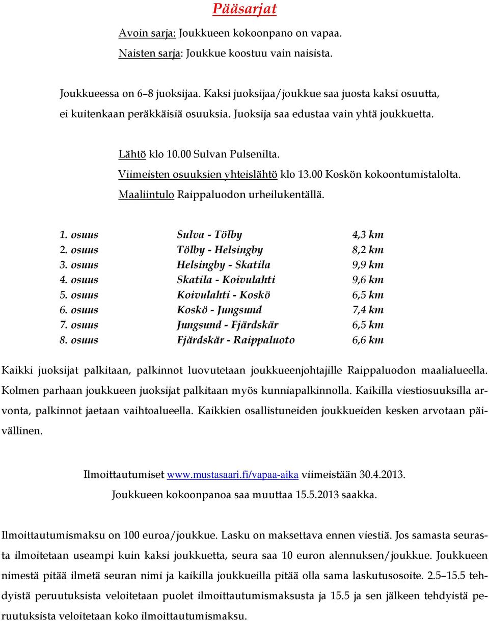 Viimeisten osuuksien yhteislähtö klo 13.00 Koskön kokoontumistalolta. Maaliintulo Raippaluodon urheilukentällä. 1. osuus Sulva - Tölby 4,3 km 2. osuus Tölby - Helsingby 8,2 km 3.