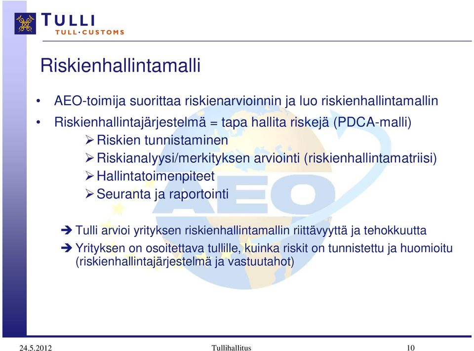 Hallintatoimenpiteet Seuranta ja raportointi Tulli arvioi yrityksen riskienhallintamallin riittävyyttä ja tehokkuutta