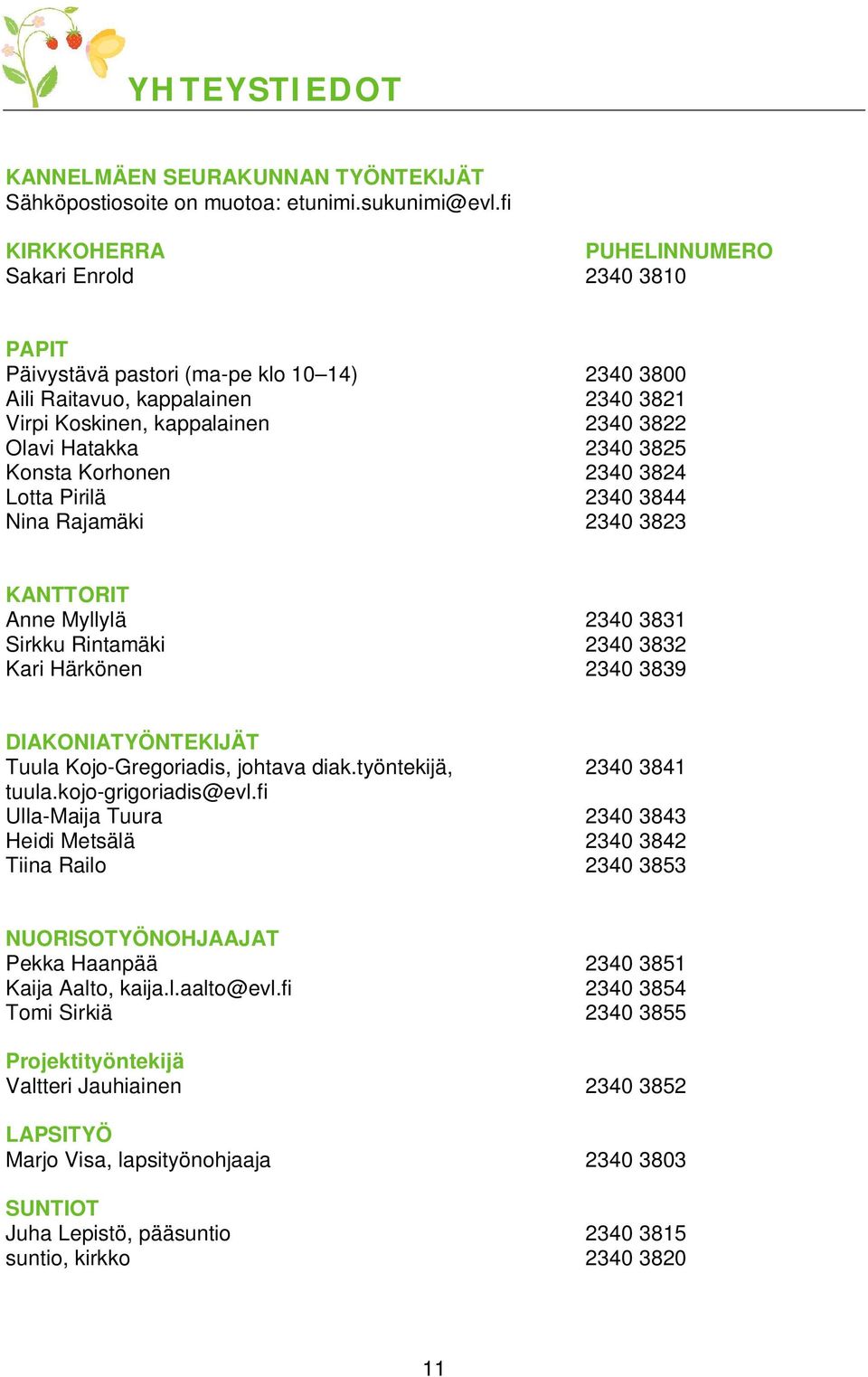 3825 Konsta Korhonen 2340 3824 Lotta Pirilä 2340 3844 Nina Rajamäki 2340 3823 KANTTORIT Anne Myllylä 2340 3831 Sirkku Rintamäki 2340 3832 Kari Härkönen 2340 3839 DIAKONIATYÖNTEKIJÄT Tuula