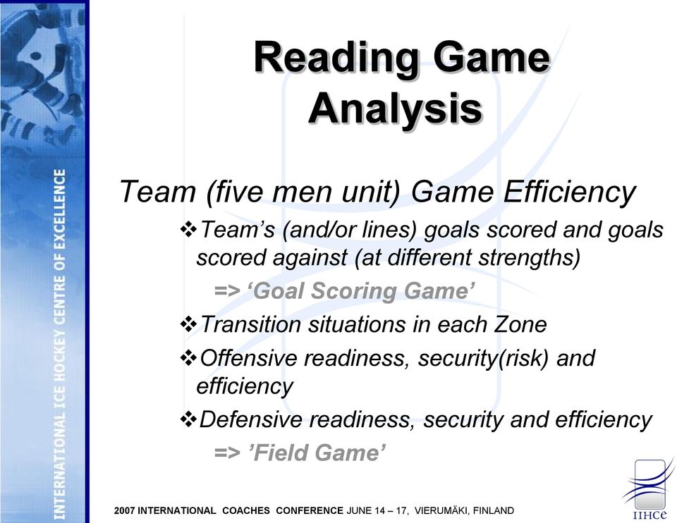 Scoring Game Transition situations in each Zone Offensive readiness,