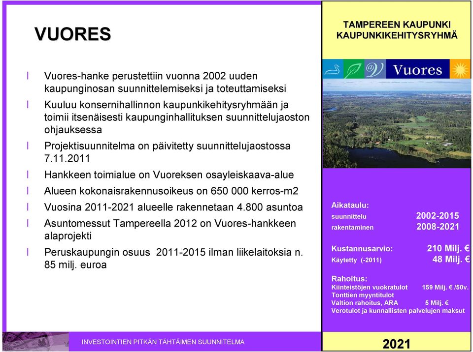 2011 Hankkeen toimialue on Vuoreksen osayleiskaava alue Alueen kokonaisrakennusoikeus on 650 000 kerros m2 Vuosina 2011 2021 alueelle rakennetaan 4.