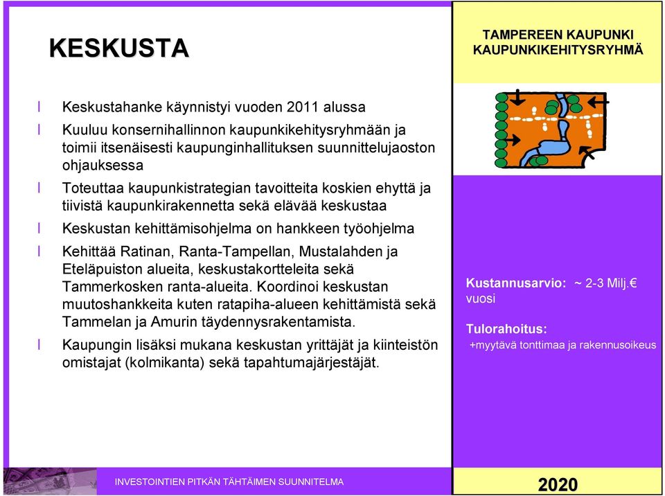 Ratinan, Ranta Tampellan, Mustalahden ja Eteläpuiston alueita, keskustakortteleita sekä Tammerkosken ranta alueita.
