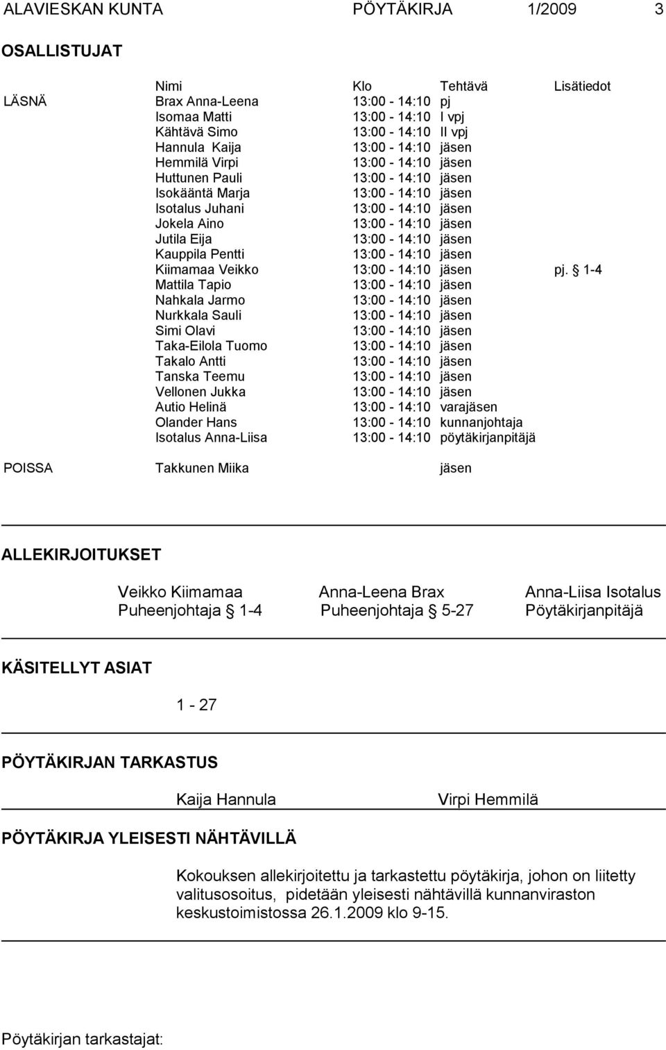 13:00-14:10 jäsen Kauppila Pentti 13:00-14:10 jäsen Kiimamaa Veikko 13:00-14:10 jäsen pj.