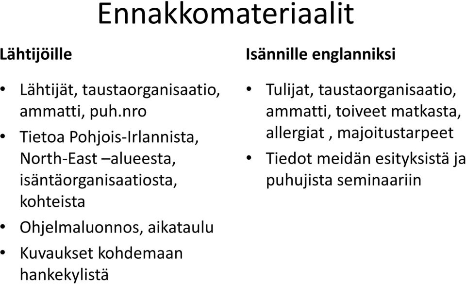 Ohjelmaluonnos, aikataulu Kuvaukset kohdemaan hankekylistä Isännille englanniksi Tulijat,
