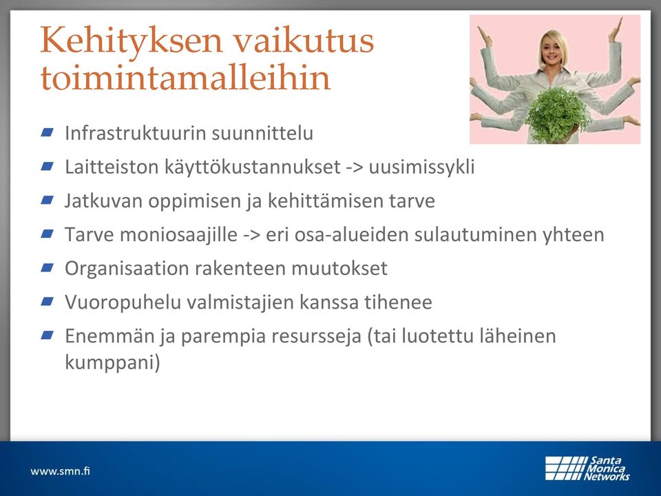 moniosaajille -> eri osa-alueiden sulautuminen yhteen Organisaation rakenteen muutokset