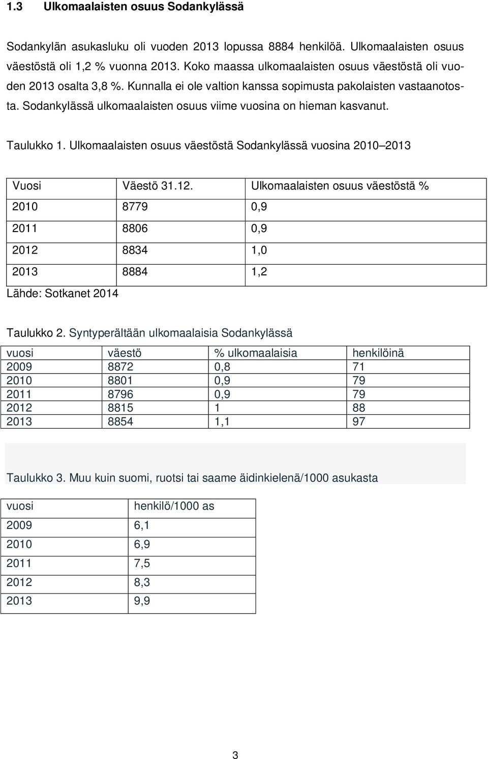 Sodankylässä ulkomaalaisten osuus viime vuosina on hieman kasvanut. Taulukko 1. Ulkomaalaisten osuus väestöstä Sodankylässä vuosina 2010 2013 Vuosi Väestö 31.12.