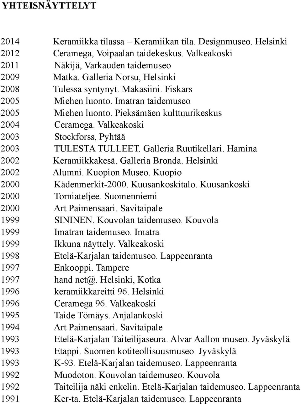 Valkeakoski 2003 Stockforss, Pyhtää 2003 TULESTA TULLEET. Galleria Ruutikellari. Hamina 2002 Keramiikkakesä. Galleria Bronda. Helsinki 2002 Alumni. Kuopion Museo. Kuopio 2000 Kädenmerkit-2000.