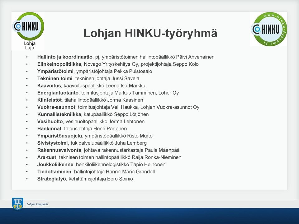 tilahallintopäällikkö Jorma Kaasinen Vuokra-asunnot, toimitusjohtaja Veli Haukka, Lohjan Vuokra-asunnot Oy Kunnallistekniikka, katupäällikkö Seppo Lötjönen Vesihuolto, vesihuoltopäällikkö Jorma