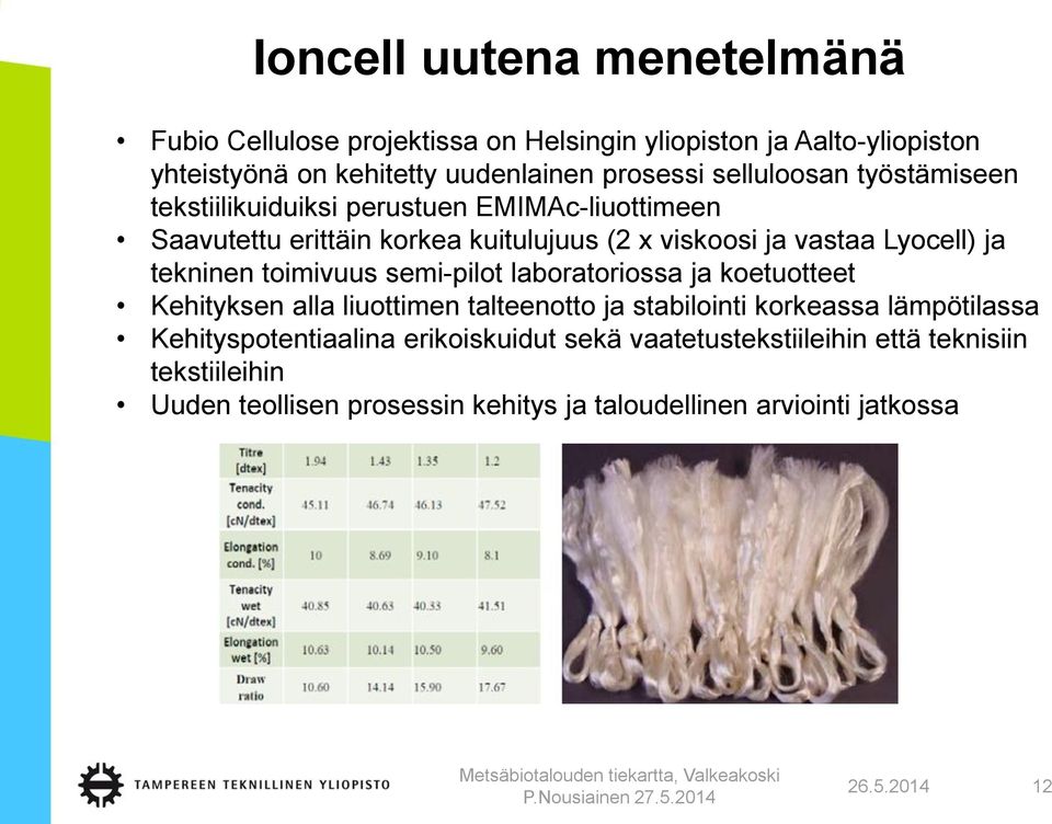 tekninen toimivuus semi-pilot laboratoriossa ja koetuotteet Kehityksen alla liuottimen talteenotto ja stabilointi korkeassa lämpötilassa
