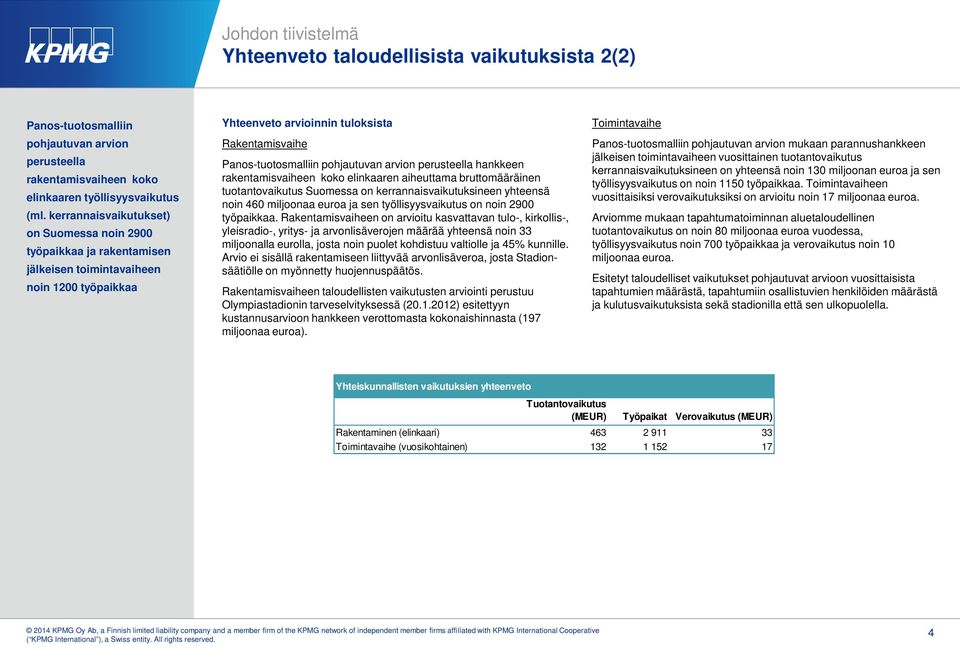 arvion perusteella hankkeen rakentamisvaiheen koko elinkaaren aiheuttama bruttomääräinen tuotantovaikutus Suomessa on kerrannaisvaikutuksineen yhteensä noin 460 miljoonaa euroa ja sen