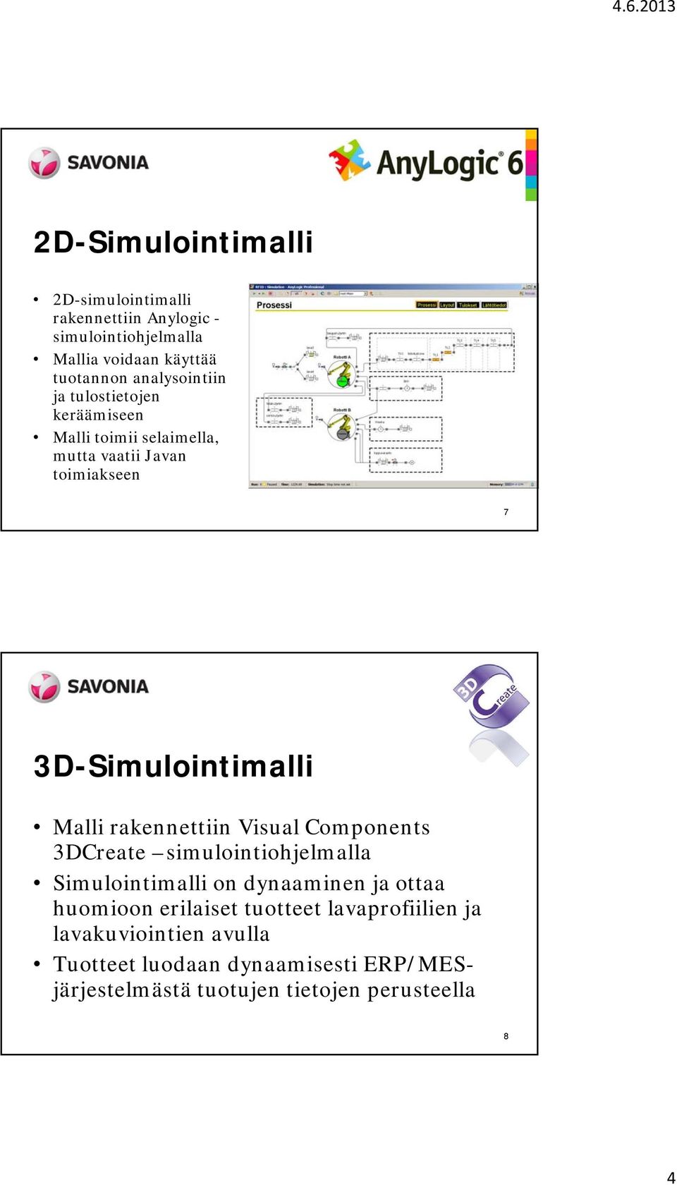 Malli rakennettiin Visual Components 3DCreate simulointiohjelmalla Simulointimalli on dynaaminen ja ottaa huomioon