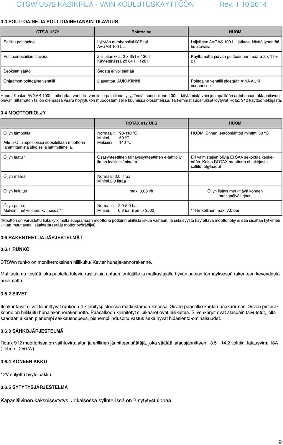 Polttoainesäiliön tilavuus 2 siipitankkia, 2 x 65 l = 130 l Käytettävissä 2x 64 l = 128 l Käyttämättä jäävän polttoaineen määrä 2 x 1 l = 2 l Seoksen säätö Seosta ei voi säätää Ohjaamon polttoaine