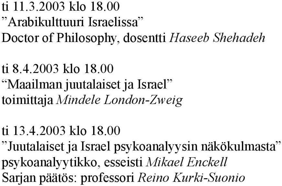 2003 klo 18.00 Maailman juutalaiset ja Israel toimittaja Mindele London-Zweig ti 13.