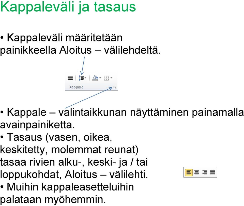 Tasaus (vasen, oikea, keskitetty, molemmat reunat) tasaa rivien alku-, keski-