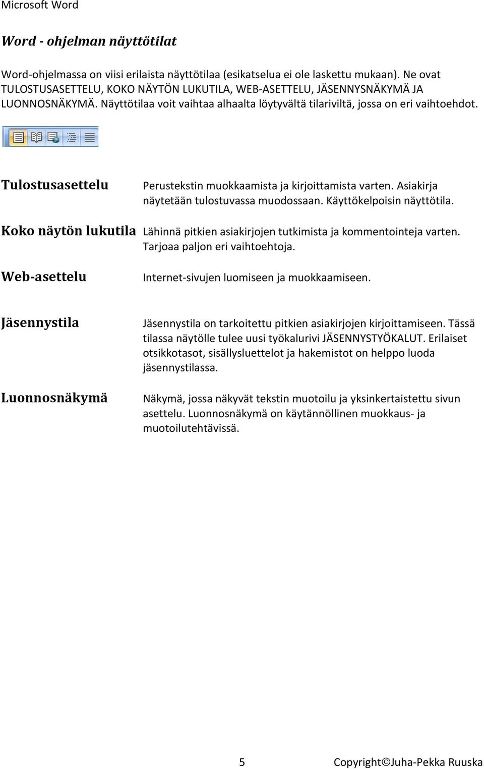 Tulostusasettelu Perustekstin muokkaamista ja kirjoittamista varten. Asiakirja näytetään tulostuvassa muodossaan. Käyttökelpoisin näyttötila.