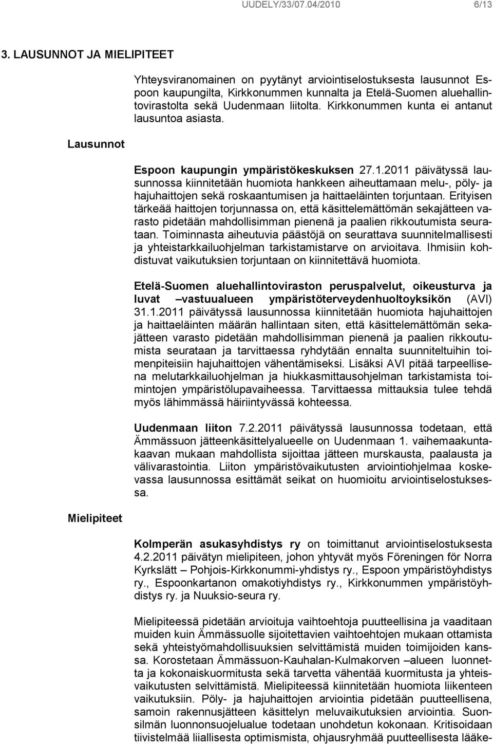 Uudenmaan liitolta. Kirkkonummen kunta ei antanut lausuntoa asiasta. Espoon kaupungin ympäristökeskuksen 27.1.