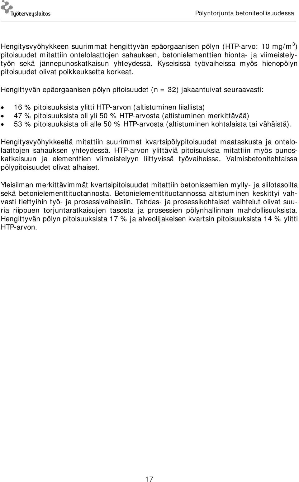 Hengittyvän epäorgaanisen pölyn pitoisuudet (n = 32) jakaantuivat seuraavasti: 16 % pitoisuuksista ylitti HTP-arvon (altistuminen liiallista) 47 % pitoisuuksista oli yli 50 % HTP-arvosta