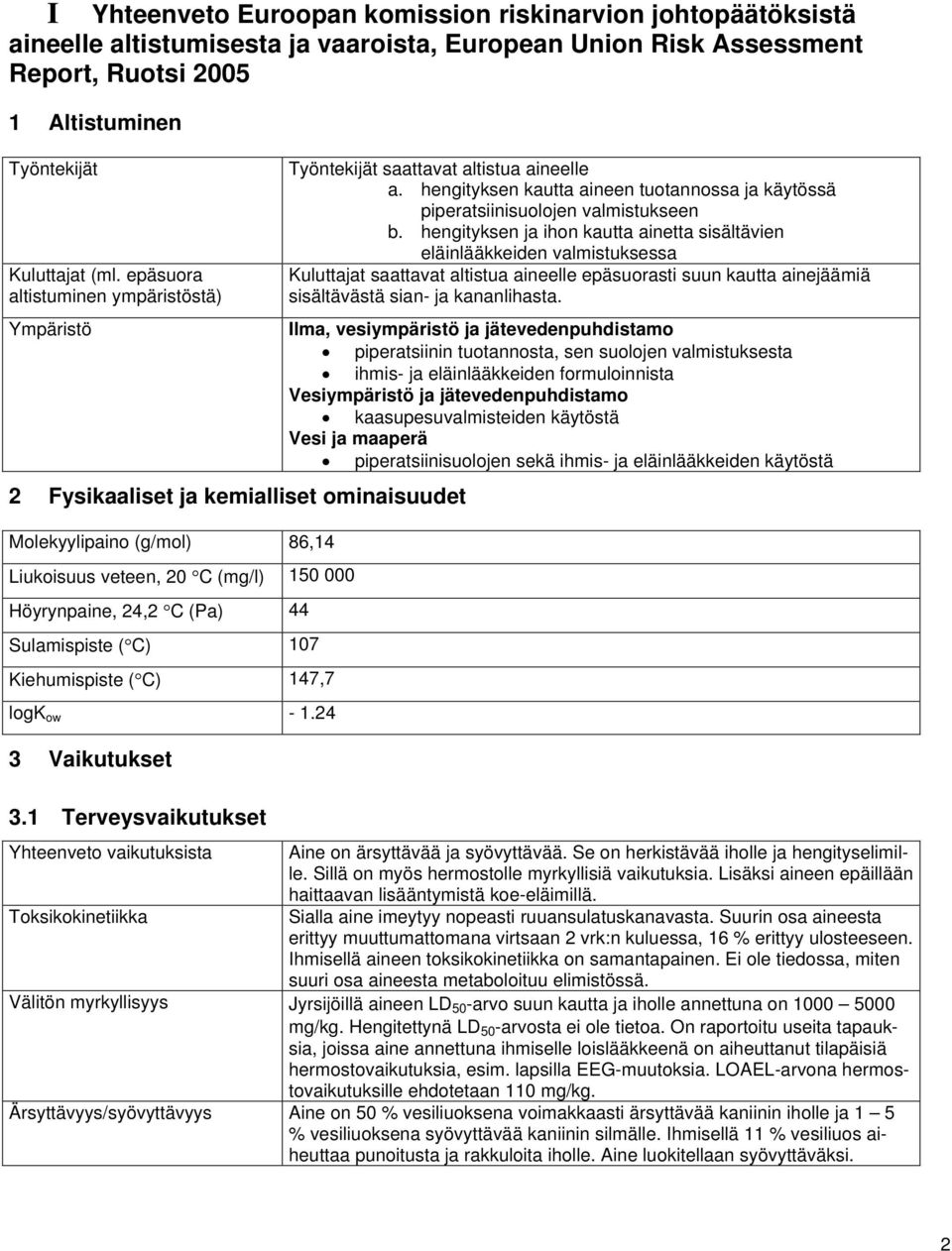 C) 107 Kiehumispiste ( C) 147,7 logk ow - 1.24 3 Vaikutukset 3.1 Terveysvaikutukset Yhteenveto vaikutuksista Toksikokinetiikka Työntekijät saattavat altistua aineelle a.