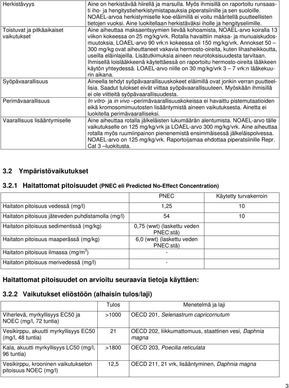 NOAEL-arvoa herkistymiselle koe-eläimillä ei voitu määritellä puutteellisten tietojen vuoksi. Aine luokitellaan herkistäväksi iholle ja hengityselimille.